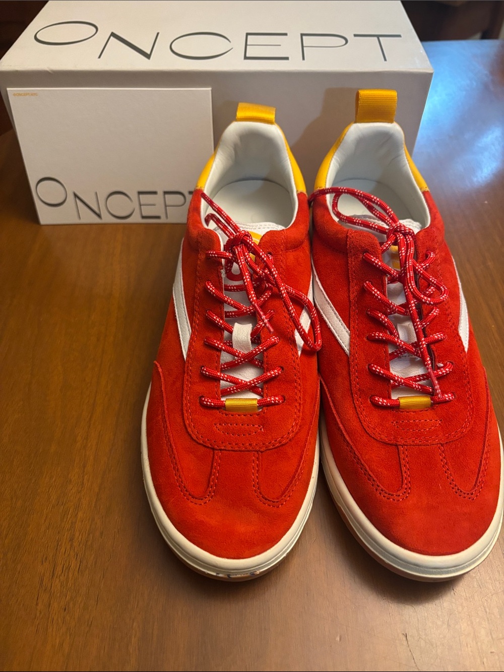 ONCEPT Red Suede Unisex Sneakers with White and Yellow Accents